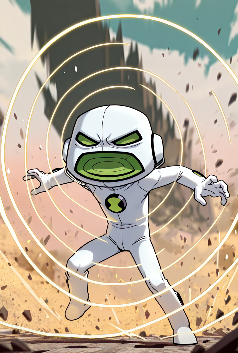 24314-3086942631-_lora_echoecho-10_1_ echoecho, male focus, 1boy, no humans,white bodysuit, green eyes, green mouth, angry, full body, big head,.png